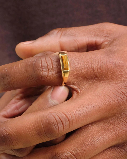 Beveled Tiger's Eye Signet Ring Gold